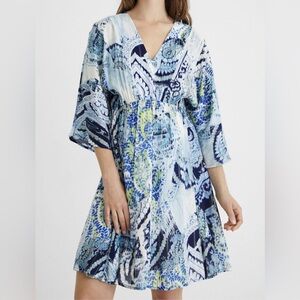 Desigual "Nantes" Blue Paisley Boho Kimono Mini Dress - Style 21SWVWAF  L  new
